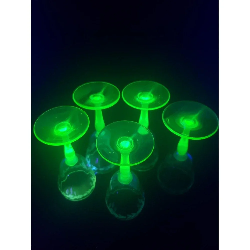 Vintage Uranium Glass Cordials Etched Foliate Design Stemware Set Of 5 Bryce?